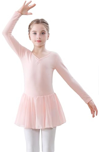 FONLAM Ballettkleid Tanzkleid Mädchen Langarm Balletttrikot Turnanzug Tanztrikot Ballettanzug Ballett Tütü Kinder (6-7 Jahre, Rosa)
