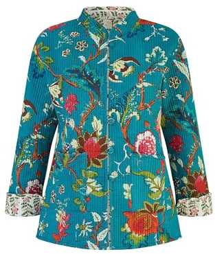 Yumi Teal Floral Print Reversible Cotton Quilted Jacket 16 Teal