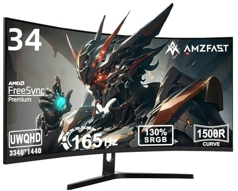 Amzfast Ecran PC Gamer Incurvé 34 Pouces, 165Hz, UWQHD 3440x1440, 21:9, 1 MS MPRT, Adaptive Sync, Incurvé 1500R, sRGB 130%, Eyes-Care, HDR, PIP/PBP, HDMI 2.0 * 2, DP 1.4 * 2, AMZG34C5Q