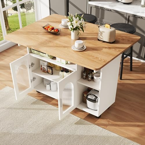 SogesHome Isola da cucina mobile su 4 ruote, grande armadio da cucina carrello da cucina carrello di servizio con piano di lavoro pieghevole, 2 ante di deposito, per sala da pranzo cucina, bianco