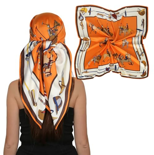 EXTREE Women's 35 inch Fashion Headscarf Silk Satin Scarf for Hair Wrapping at Night Bandana Square Scarf for Sleeping, Orange, 35 x 35 inches