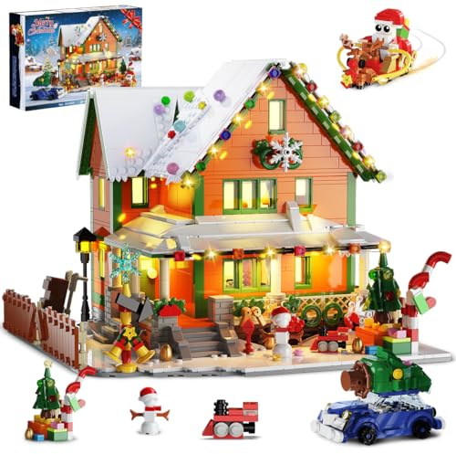 PLAXSOON Christmas House - Mini set di mattoncini da costruzione con luce, 1961 pezzi, modello architettonico natalizio con Babbo Natale, per adulti, ragazzi e ragazze a partire dai 14+