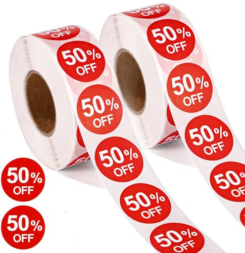 Tinoaly 2000st 50% Rabatt Klistermärken, 2,5cm Runda 50 Procents Rabatt Kampanjetiketter Självhäftande Prisskyltar Reaprisetiketter för Butiker Stormarknader Affärer Garage (Röd)