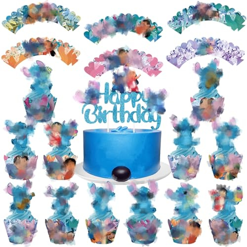 25 Pcs Blue Cake Toppers, Cake Decorations Party Decorations Birthday 1 Big Cake Topper 12 Cupcake Toppers 12 Cupcake Wrappers Kid Birthday Party Decorations for Boys Children Kids