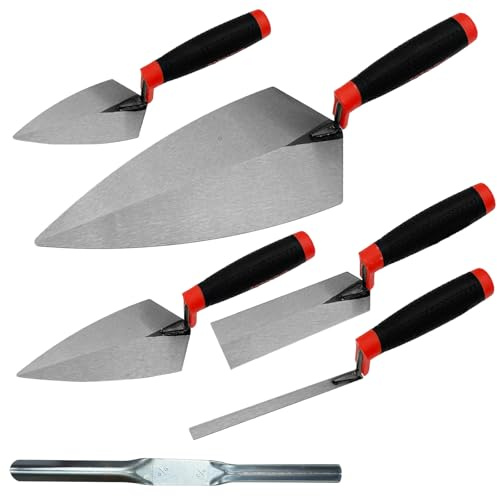 6 Pack Masonry Hand Tool Set, Concrete Tool Set Includes 1 PC Brick Trowel, 2 PCS Pointing Trowels, 1 PC Margin Trowel, 1 PCS Tuck Pointing Trowels, 1 PCS 5/8” x 1/2” Convex Brick Jointer