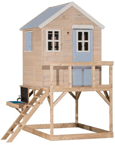 Wendi Toys M21PB-K Cabane sur pilotis avec Cuisine extérieure, Bois FSC, avec évier, Robinet, plaques de Cuisson et Ardoise, Maison de Jeu pour Enfants, résistante aux intempéries, Bleu