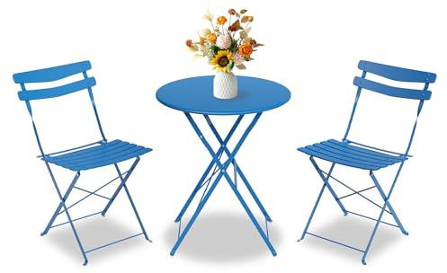 GarveeLife Juego de Bistró 3 Piezas Plegable Mesa y 2 Sillas Metal Azul Cielo Sin Montaje