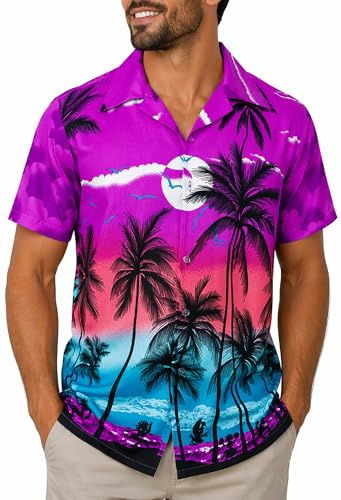 King Kameha Chemise Hawaienne Homme - Chemise Hawaïenne Homme Manches Courtes - Hinano - Chemisette Fleurie Leger – Beach, Purple, XXL