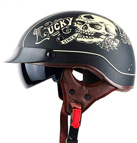 Motorrad Helm, Halbschale Vintage Style Harley Helm mit Visier, Halbschalenhelm ECE Zertifizierung Jethelm Für Damen Und Herren, für Cruiser Chopper Biker Lucky Skull