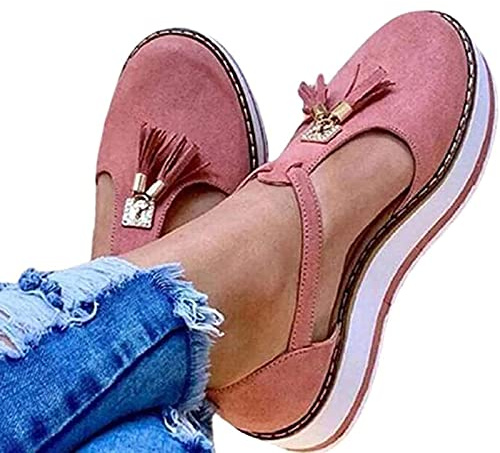 HHZY Sandale Plateforme Femme D'Ete avec Gland Espadrille Sandales Compensées Mode Bout Fermé en Daim avec Sangle Cheville Tête Ronde Chaussures de Sport,Rose,35