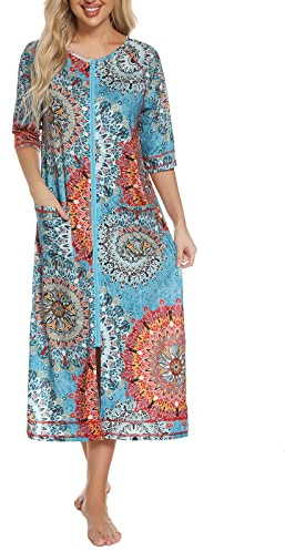 Rubehoow Women's Zipper Robes Half Sleeve Robe Full Length Lightweight Housecoats with Pockets(Mandala,L)