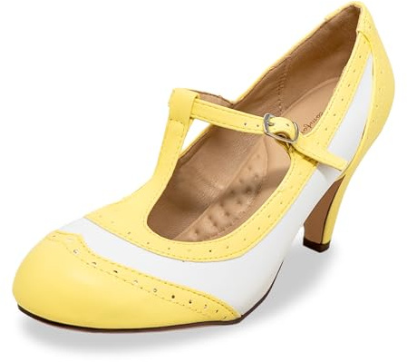 Women's Two Tones Wing Tips Retro Rockability 1950s Vintage T-Strap Pinup Style Pump Flapper by Chase + Chloe, Yellow/White Comfort, 9 UK
