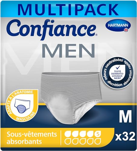 Confiance Men - Slips Absorbants Pour Hommes - Niveau D'Absorption = 5 Gouttes (Fuites Urinaires Moyennes) - Discrets Et Efficaces - PH Neutre À La Peau - Blanc - Taille M - 4 x 8 Unités