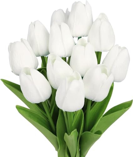 N&T NIETING Artificial Flower Tulips, 12Pcs Fake Tulip Real Touch Latex Faux Tulips Flowers for DIY Floral Wedding Bouquet Arrangements Mother's Day Easte Home Decorations(White)