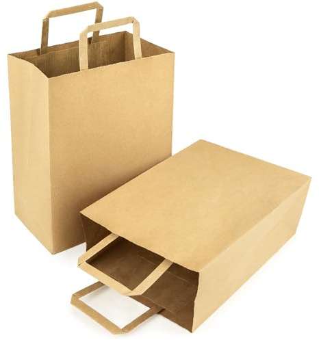 Majillux 24 papperspåsar bruna med platt handtag 18 x 23 x 10 cm, eleganta återanvändbara pappersbärkassar, perfekt som födelsedagspresent, julklapp