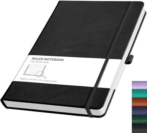 RETTACY Notebook A4, Lined Journal, Hardcover Notepad, 192 Pages, Black
