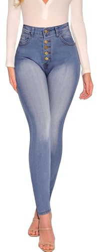 STARBILD Vaqueros para Mujer Straight Fit con Tapeta de Botones, Jeans Cintura Alta Pantalones Denim, Múltiples Botones - Azul M