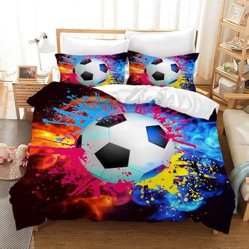 Gegeryozer Fußball Bettwäsche 135×200cm Kinder Bettwäsche Set 3D Fußball Muster Bettbezug Mikrofaser Bettwäsche Set mit 2 Kissenbezügen 50 x 75cm(F05)