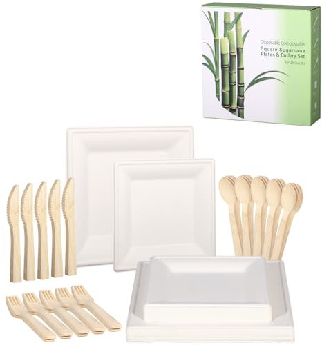 MORGIANA Piatti di carta quadrati usa e getta, resistenti, bianchi, in bambù, cucchiai, forchette e coltelli, per cena, picnic, campeggio, feste, barbecue, 25 persone, 125 pezzi (bianco)
