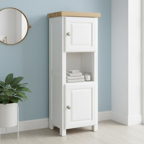 GROF GROFurniture Tall White Slim Cabinet Hallway Storage or Livingroom Unit, Corner Display Unit with Shelf, Freestanding Tall Bathroom Cabinet Storage Organiser, Ready Assembled Bathroom Storage