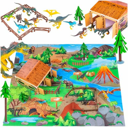 Kinderplay Ensemble de jouets dinosaures - 72 pièces avec tapis de jeu antidérapant 79 x 70 cm - Jeu de rôle pour enfants à partir de 3 ans - Figurines en plastique robuste