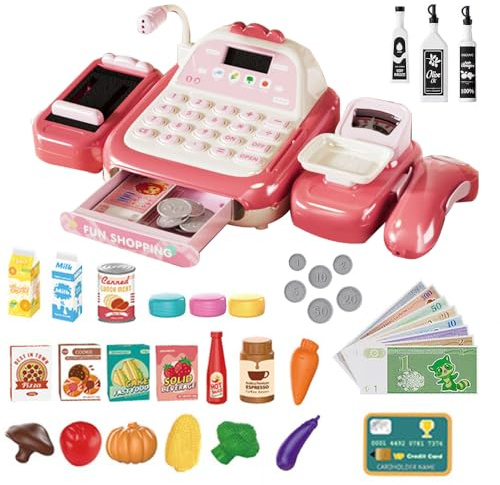 KBIBCK Toy Till Cash Register, 52PCS Pretend Play Cash Register Toy with Scanner, Calculator, Credit Card, Conveyor, Play Money & Food, Mini Kids Shop Play Till for Boy Girl Learning Toys Gifts (Pink)