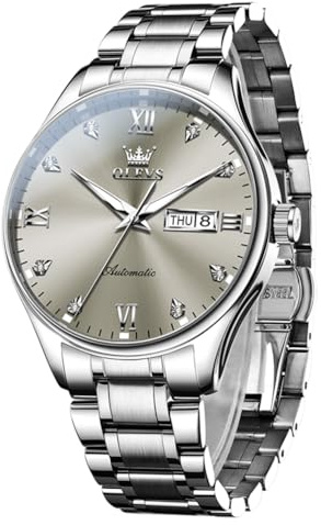 OLEVS Watch for Men Automatic Self Winding Mechanical Watches Luxury Stainless Steel Luminous Waterproof Calendar Mens Watch Silver Band Grey Dial