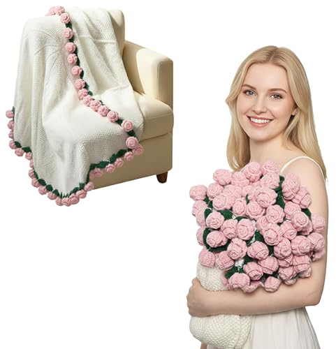 Bibykivn Manta Ramo de Flores,Manta con Flores de Ganchillo Terminada, Mantas de Ganchillo con Adorno de Rosas, Mujeres para San Valentín y Cumpleaños (Rosa - Rosa, 160CM)