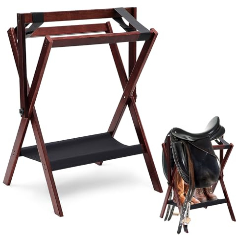 Leinuosen 1 Pack Pine Wood Saddle Rack Portable Folding Horse Saddle Stand 20 L x 17 W x 30 H Storage Pad Rack Blanket Display Holder for English Western Horse Gear Tack Organizers (Walnut Brown)