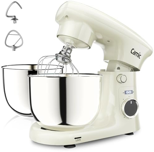 Camic Amasadora Batidora 4L + 5L Recipiente Inox, Amasadora Pantalla LED, Temporizador, 10 Configuraciones de Velocidad, Gancho de Repostería, Batidor, Mezclador, Para Masa, Pan, Pizza, Pasteles