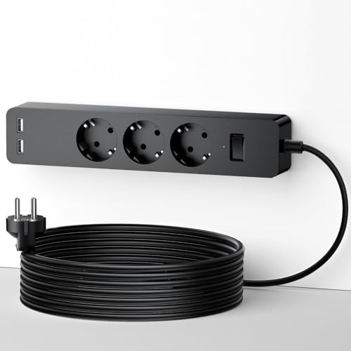 3-vägs grenuttag, 3 m med USB, NTONPOWER flera uttag, överspänningsskydd, väggmontering, använd lim, lång förlängningskabel barnsäkring, svart, flerdelad