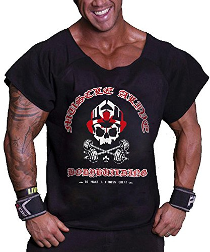 Muscle Alive Uomo Culturismo Men Rag Top Allenamento Spugna di Coton Ma Nero 3XL