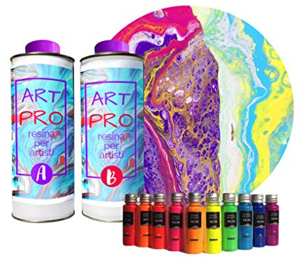 Resin Pro® RESINA EPOSSIDICA TRASPARENTE PER ARTISTI 1.6 KG + SET PIGMENTI NEON + TELA ROTONDA IN REGALO – IDEALE PER POUR PAINT E RESIN ART
