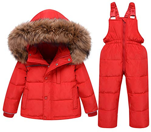 amropi Tuta da Sci per Bambino Unisex Tute Completo da Neve 2 Pezzi Invernale Giacca con Cappuccio e Pantaloni Rosso,5-6 Anni