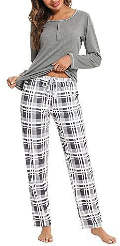 Litherday Schlafanzug Damen Lang Baumwolle Pyjama Kariert Nachtwäsche Winter Pyjama Set Zweiteiliger Rundhals Sleepwear