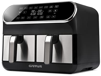G3 Ferrari G10150 Doppelte Heißluftfritteuse Friggisano Duo, 1700 W, 8 Liter (4 + 4), 2 Kochzonen, Digitaldisplay, Inklusive Rezeptbuch, Timer, Schwarz/Edelstahl.