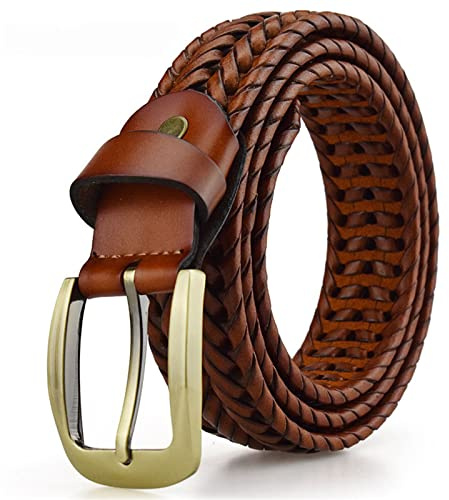 Cinturón Trenzado Hombre - Hombres Cuero a Mano Trenzado Cinturones con Metal Alfiler Hebilla para Jeans Pantalones Ajustable Retro,Marrón,110CM/43.3''