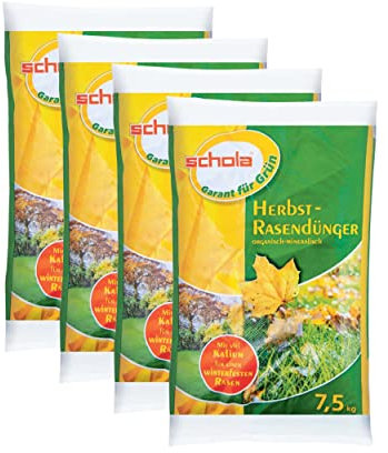 Rasendünger Herbst -Herbstdünger mit Langzeitwirkung- 30kg = 4x7,5 kg Sack Dünger mit optimaler Nährstoffversorgung und Unkrautvernichtung für Rasen, Grünstreifen, Garten, NPK- Dünger