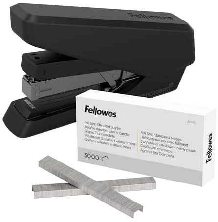 Fellowes Jam Free Stapler, 40 Sheet Capacity - LX870 EasyPress Full Strip Antibacterial Manual Stapler - Black + Fellowes Staples 26/6mm for Full Strip Staplers – Box of 5000, 1 Pack – Silver