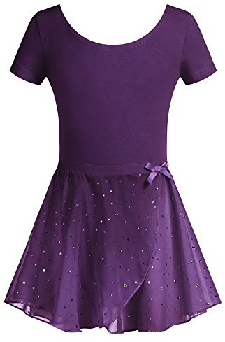 Arshiner Robe de Ballet à Manches Courtes pour Filles - Justaucorps en Coton avec Jupe Tutu - Costume de Danse pour Enfants - Violet 4-5 Ans