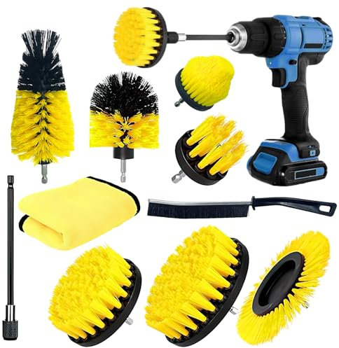 ZZQVIP 10 Piezas Cepillo para Taladro Eléctrico, Multifuncional Cepillos Taladro Suave, Coche Limpieza Kit para Limpiar, Automóviles, Neumáticos, Azulejos, Pisos, Cocinas, Bañeras (Amarillo)