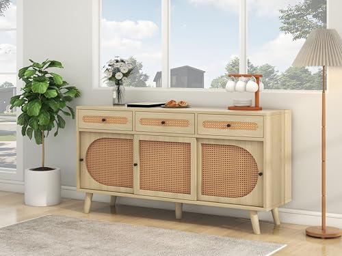 Merax Sideboard Küchenschrank Buffetschrank Küchenmöbel Kommode Holz mit PE-Kunststoff-Rattantür 3 Schubladen Sideboard mit 3 Schiebetüren 140cm küchenschrank küchenbuffet buffetschrank