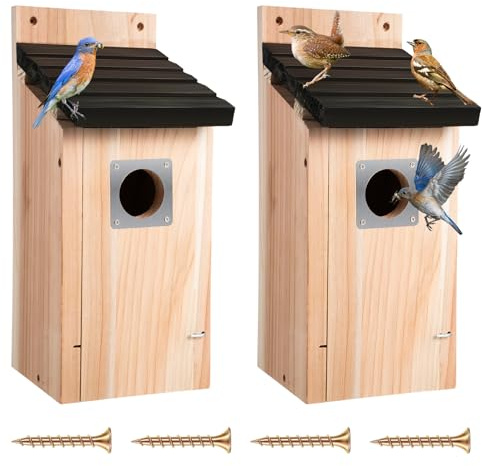 Dreyoo Cedar Bluebird Box Houses for Outside, 1-1/2'' Entrance Hole Wooden Bird Houses with Metal Guard, Secure Latch, Fledgling Grooves, Air Vents for Bluebird Wren Swallow(2 Pack)