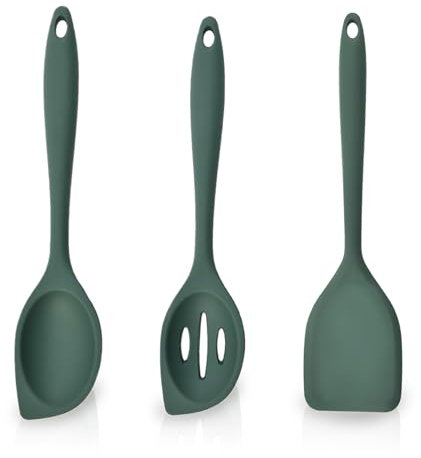 3 Pezzi Mestoli in Silicone, Cucchiai Silicone Cucina da 28 cm, Cucchiaio Silicone Cucina Lagostina, Cucchiaio da Cucina Antiaderente Resistente, per Cucinare, Cuocere e Mescolare (Verde Scuro)