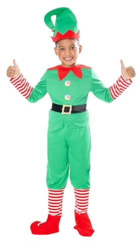Rubies Costume Elfo Natalizio per Bambino, Maglione con Pantaloni, Cintura, Copri Stivali e Cappello per Natale, Elfo, Funzioni scolastiche, Babbo Natale (Taglia XS 5-6 anni)