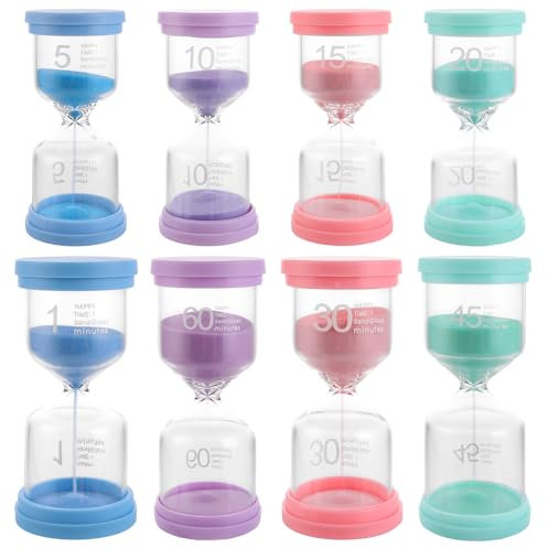 LOPYXBR 8 Stück Buntes Sanduhren Set mit 4 Farben, 1/5/10/15/20/30/45/60 Minuten Sanduhr, Sanduhrenset, Sand Timer für Klassenräume, Küchen, Büros und Wohnungen
