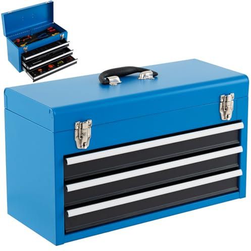 COSTWAY 3 Drawers Tool Box, Lockable Steel Toolbox with Top Storage Tray, Ball Bearing Runners, EVA Liners & Carry Handle, Tool Chest Storage Cabinet for Home Workshop (Blue+Black)