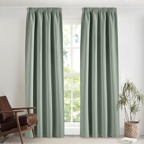 Pony Dance Salvia-gröna gardiner med veckband ogenomskinlig termisk gardin värmeskydd set om 2 stycken H 245 x B 140 cm mörkläggningsgardiner vardagsrum mörkläggningsgardin för skensystem