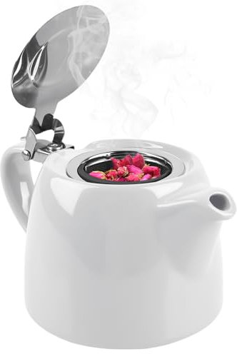 Théière en céramique avec infuseur 500 ml, blanc semi-brillant, théière isolante en céramique avec infuseur à thé en acier inoxydable, idéale pour la maison et le bureau, grande théière pour thé