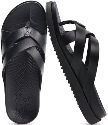 KuaiLu Womens Dressy Orthotic Flip Flops Trendy Comfortable Cushion Recovery Walking Leather Thong Sandals Ladies Yoga Memory Foam Summer Pool Beach Slip on Plantar Fasciitis Arch Support Black 9